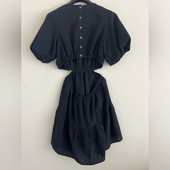 NWT Madewell with FLAWS Seersucker Puff-Sleeve Cutout Mini Dress in Black Size L - Picture 4 of 11